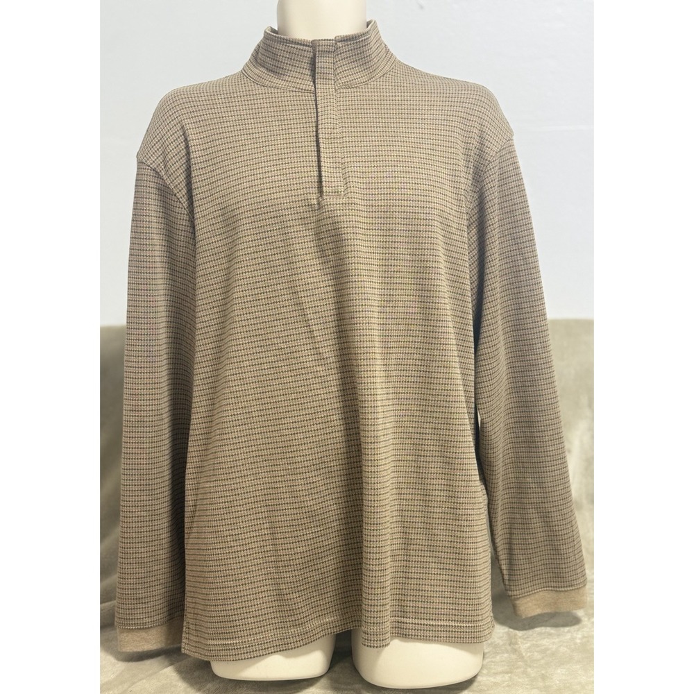 Haggar Quarter Zip Sweater - Men Size L Pullover Brown HoundsTooth Long Sleeve‎